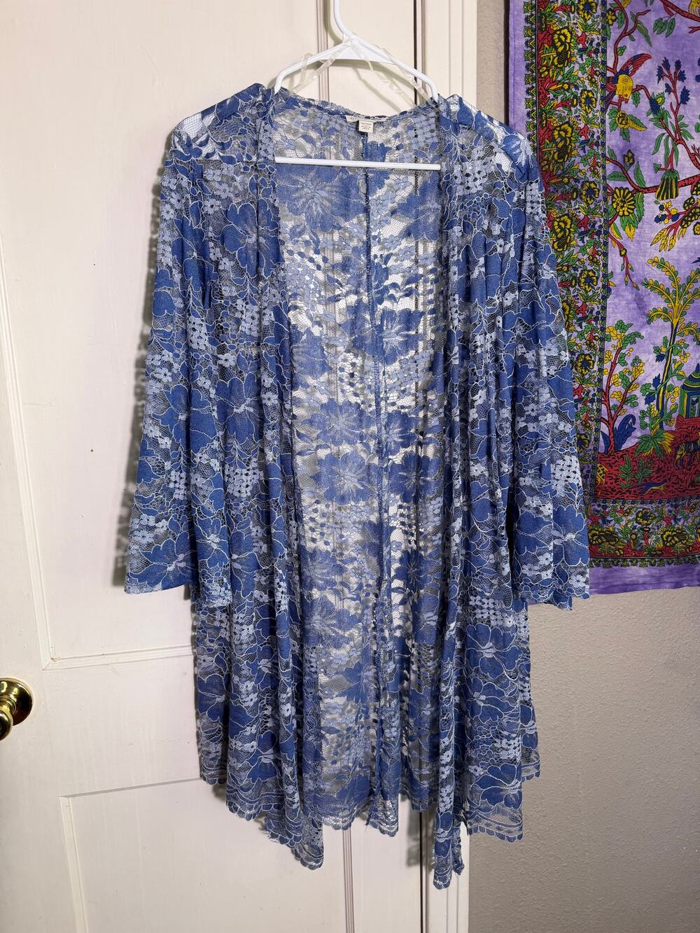 Cato Blue Floral Lace Duster Cardigan Long Open Front Boho - Womens 18/20W